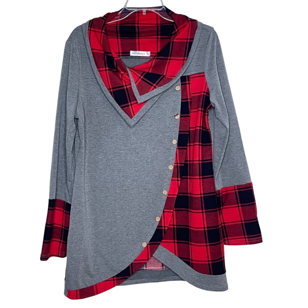 Dressfo Women's Asymmetrical Gray & Red Plaid Long Sleeve Tunic Button Detail 12